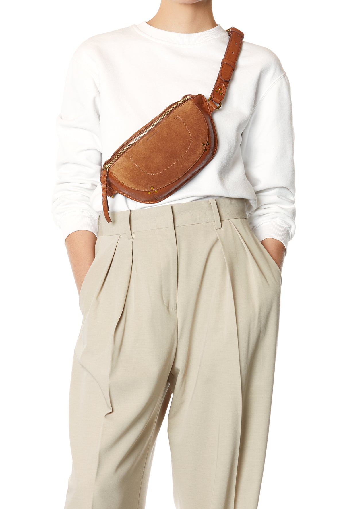 Sac Banane Lino Croûte Velours Caramel