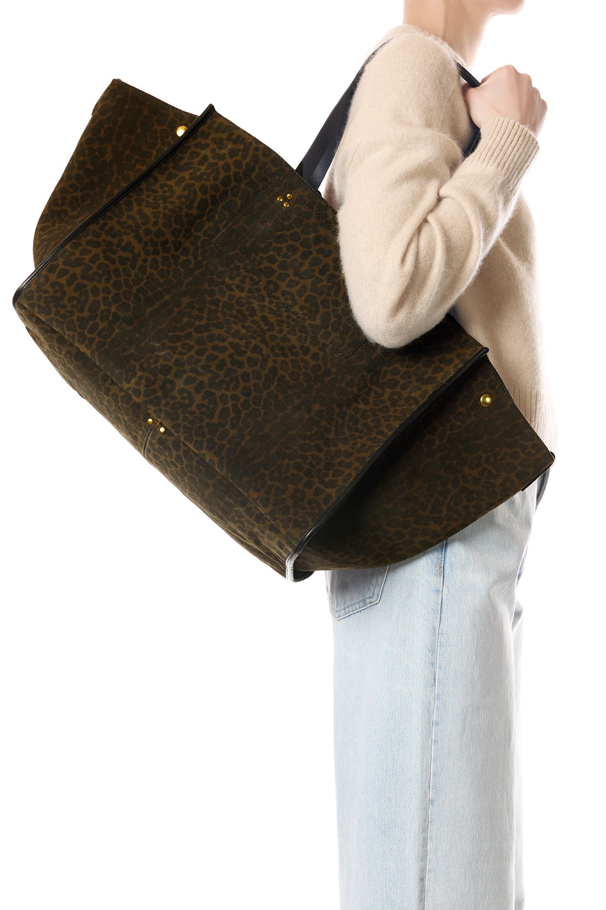 Sac Cabas Léon L Croûte Velours Imprimé Léopard kaki