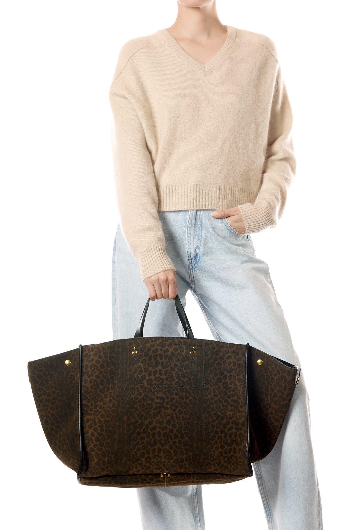 Sac Cabas Léon L Croûte Velours Imprimé Léopard kaki
