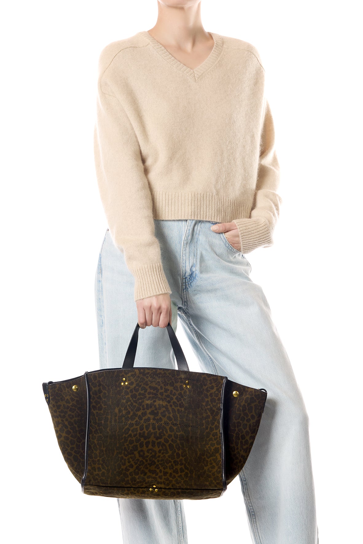 Sac Cabas Léon M Croûte Velours Imprimé Léopard kaki