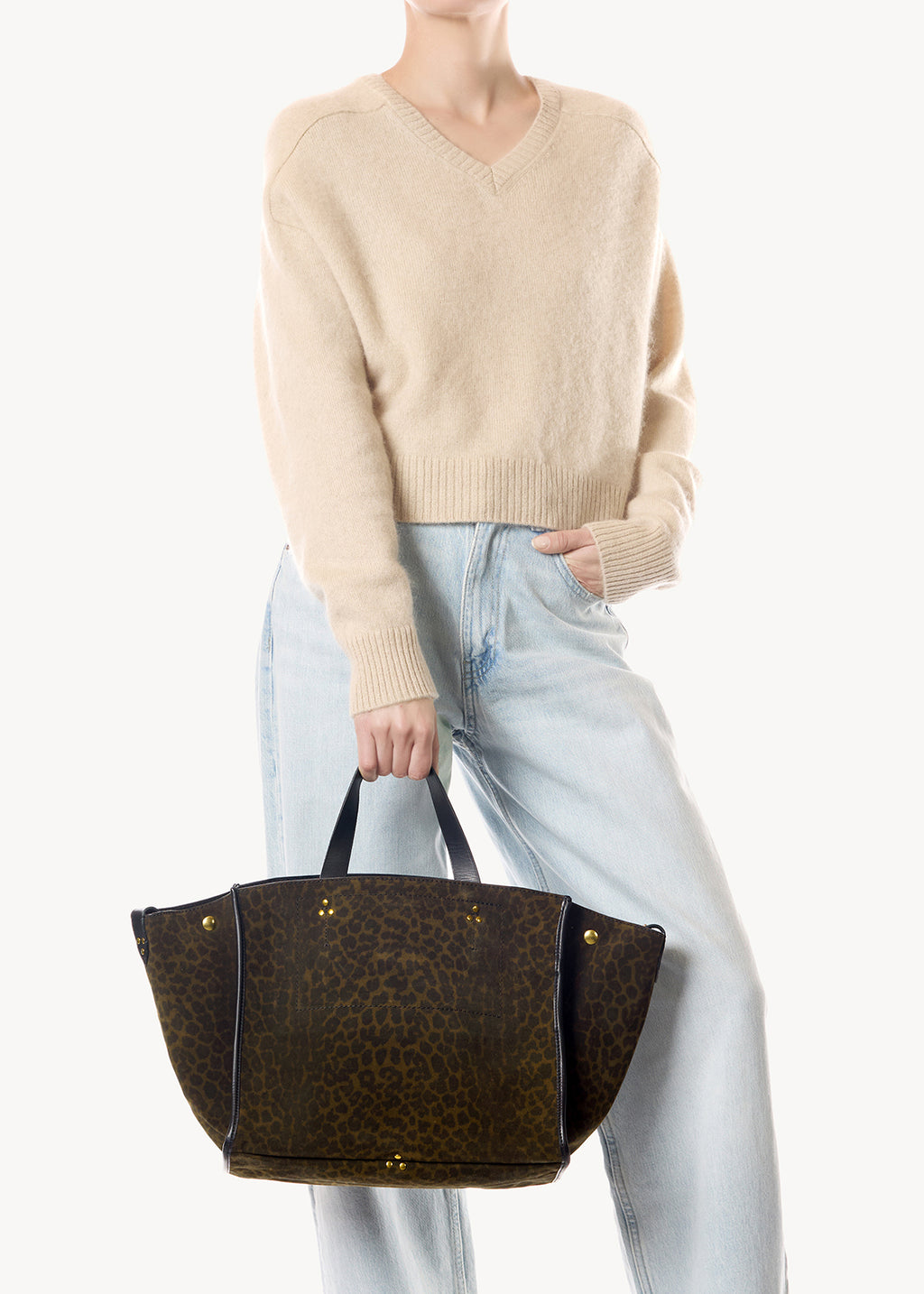 Sac Cabas Léon M Croûte Velours Imprimé Léopard kaki