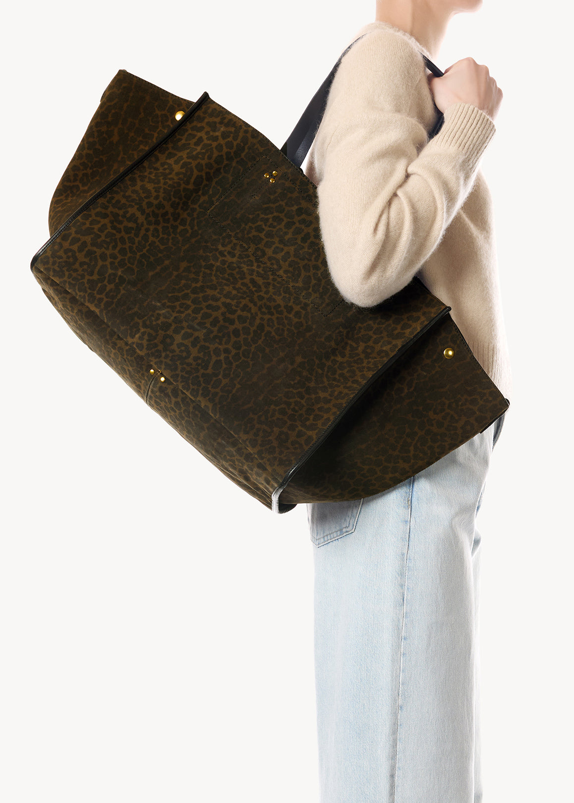 Sac Cabas Léon L Croûte Velours Imprimé Léopard kaki