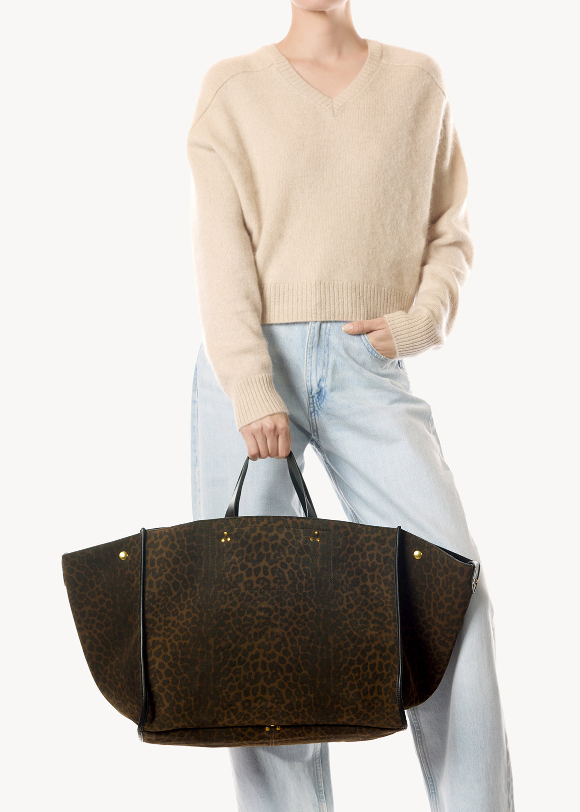Sac Cabas Léon L Croûte Velours Imprimé Léopard kaki