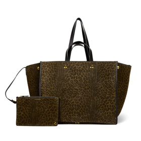Léon L Shopper-Tasche Imprimé Léopard kaki Veloursleder