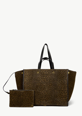 Léon L Shopper-Tasche Imprimé Léopard kaki Veloursleder