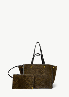 Sac Cabas Léon M Croûte Velours Imprimé Léopard kaki